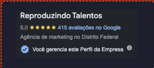 Perfil da Reproduzindo Talentos no Google com 5,0 de nota e 415 avaliações