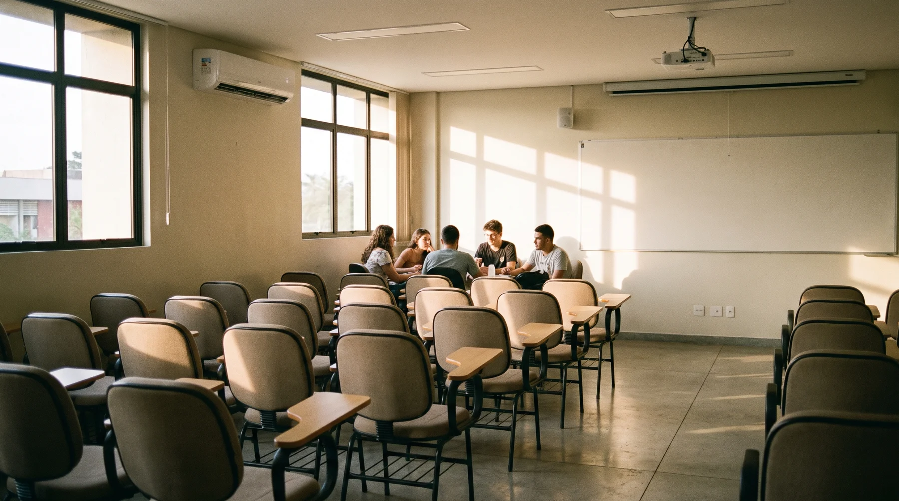 Sala de aula com a maior parte das carteiras vazias
